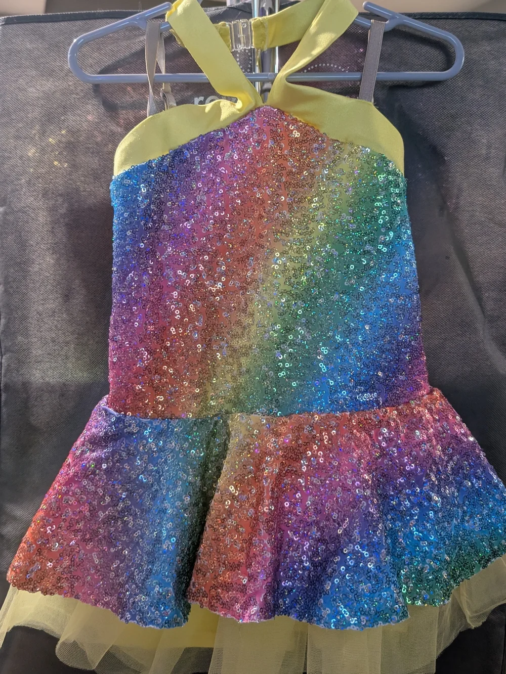 Girls Rainbow Sequin Dance Costume with Yellow Accents